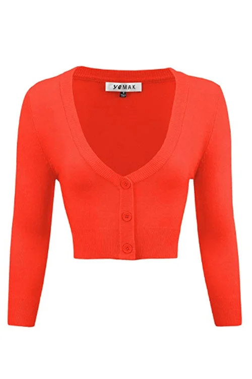 Boho red cardigan -MAK Sweaters Cropped Cardigan with 3/4 Sleeves in Fiesta Orange