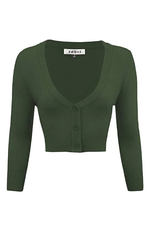 Patterned black cardigan -MAK Sweaters Cropped Cardigan with 3/4 Sleeves in Hunter Green