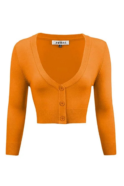 Thin black cardigan -MAK Sweaters Cropped Cardigan with 3/4 Sleeves in Light Orange