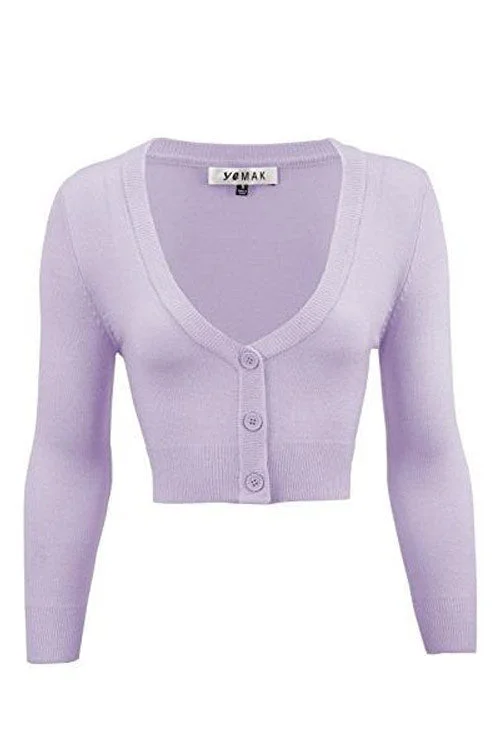 Elegant white cardigan -MAK Sweaters Cropped Cardigan with 3/4 Sleeves in Lilac