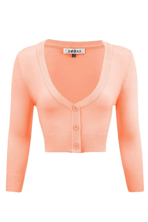 Cropped grey cardigan -MAK Sweaters Cropped Cardigan with 3/4 Sleeves in Peach