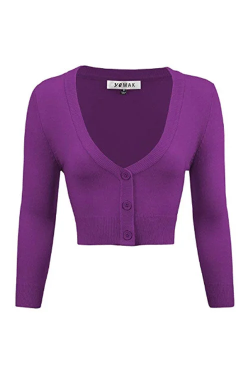 Casual red cardigan -MAK Sweaters Cropped Cardigan with 3/4 Sleeves in Purple