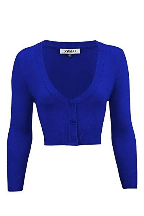 Sleeveless grey cardigan -MAK Sweaters Cropped Cardigan with 3/4 Sleeves in Royal Blue