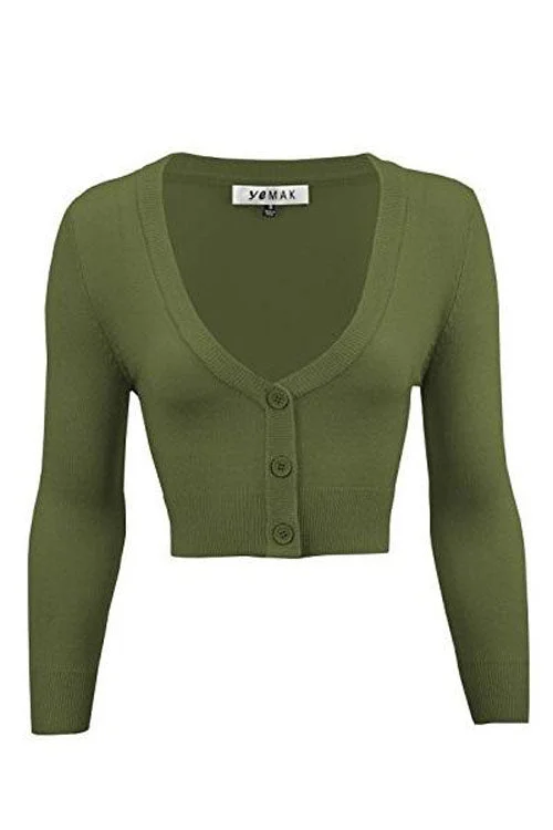 Warm grey cardigan -MAK Sweaters Cropped Cardigan with 3/4 Sleeves in Sage