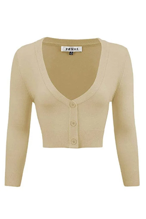 Classic black cardigan -MAK Sweaters Cropped Cardigan with 3/4 Sleeves in Sand/Taupe