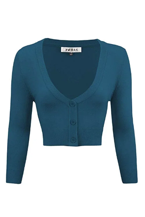 Ribbed grey cardigan -MAK Sweaters Cropped Cardigan with 3/4 Sleeves in Teal Blue