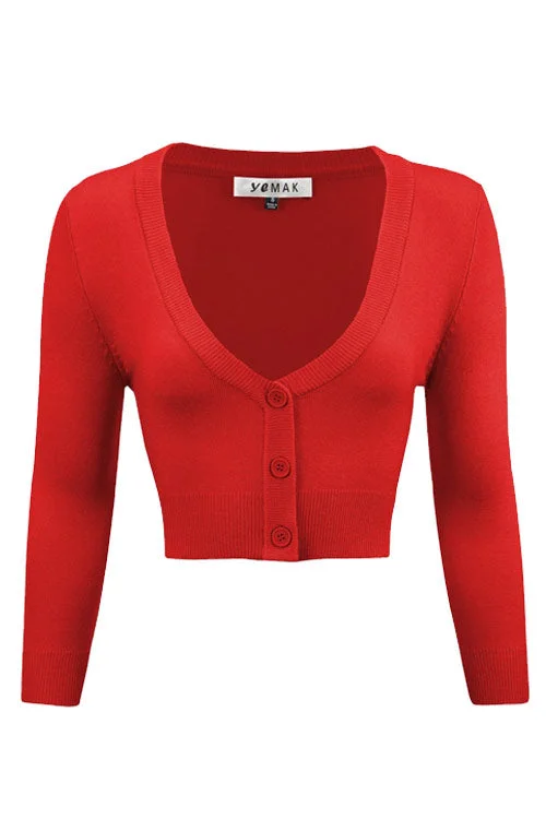 Closed red cardigan -MAK Sweaters Cropped Cardigan with 3/4 Sleeves in Tomato Red