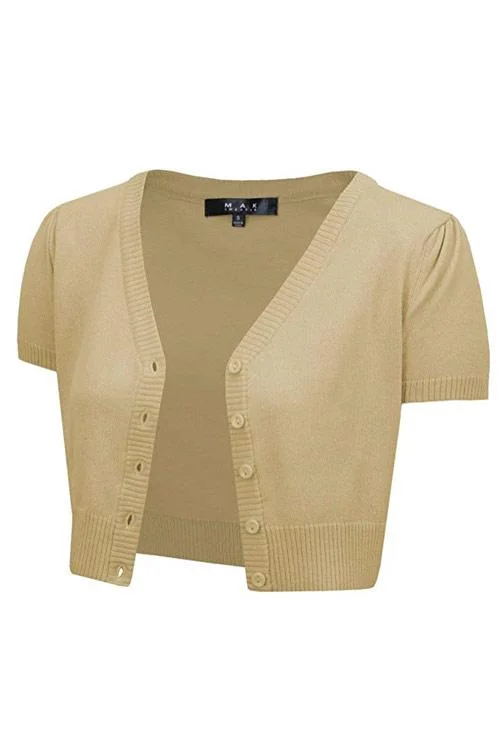 Lightweight white cardigan -MAK Sweaters Cropped Cardigan with Short Sleeves in Sand / Taupe