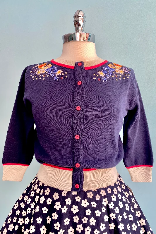 Patterned red cardigan -Navy Edible Flowers Vera Cardigan by Palava