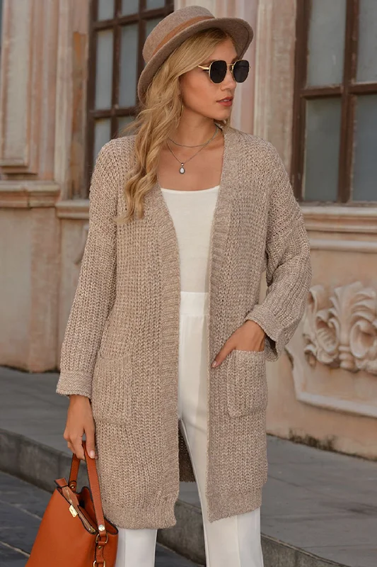 Button grey cardigan -Open Front Drop Shoulder Cardigan with Pockets