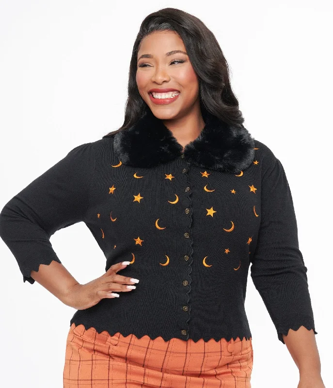 Cropped black cardigan -Plus Size 1950s Black & Orange Half Moon Cardigan