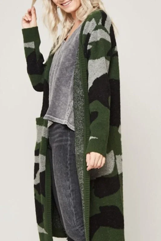 Plain white cardigan -Promesa Camouflage Long Cardigan - Green