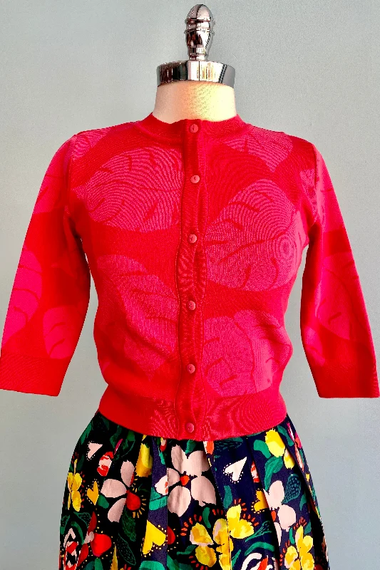 Solid red cardigan -Red Monstera Terrace Jacquard Vera Cardigan by Palava