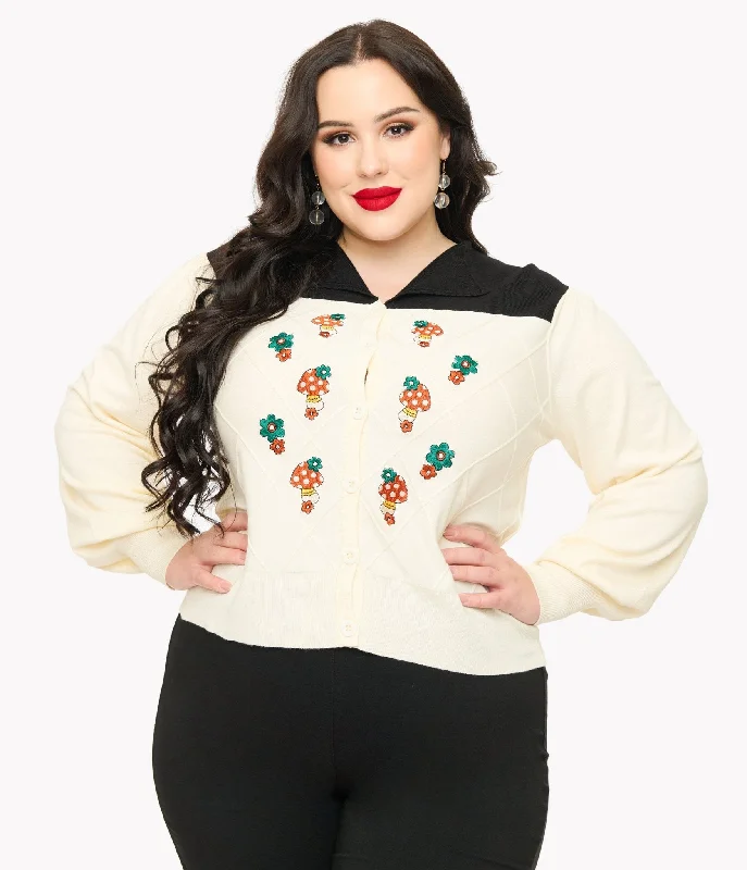 Trendy white cardigan -Smak Parlour Plus Size 1960s Ivory & Black Mushroom Embroidered Cardigan