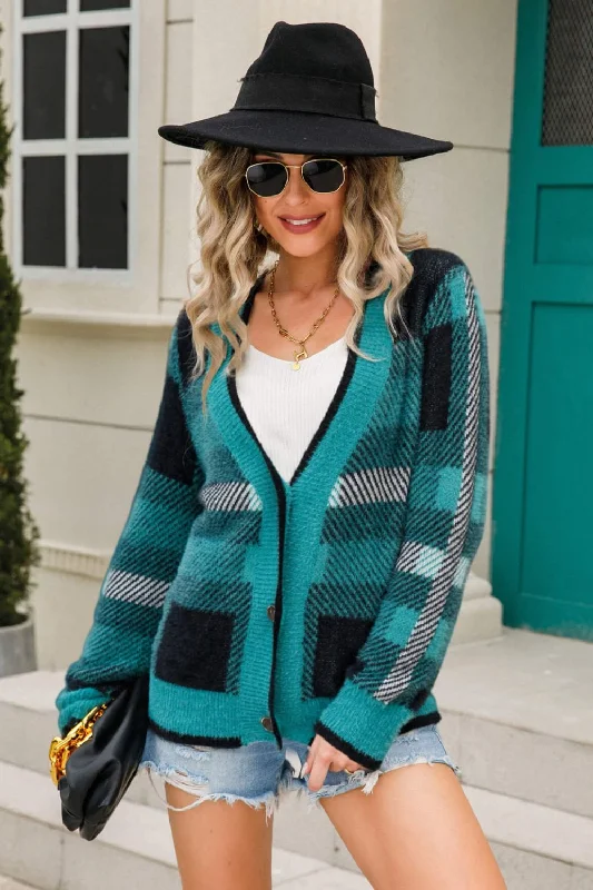 Warm grey cardigan -Striped Button-Front Fuzzy Cardigan