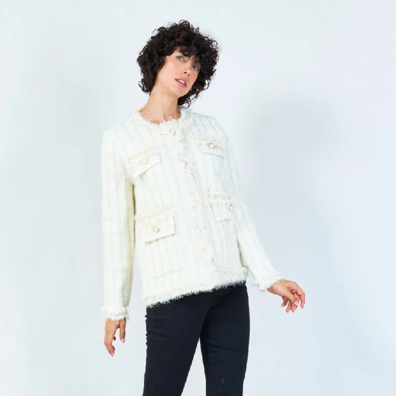 Vintage style cardigan -Striped fringe-trim cardigan with pearl buttons wholesale