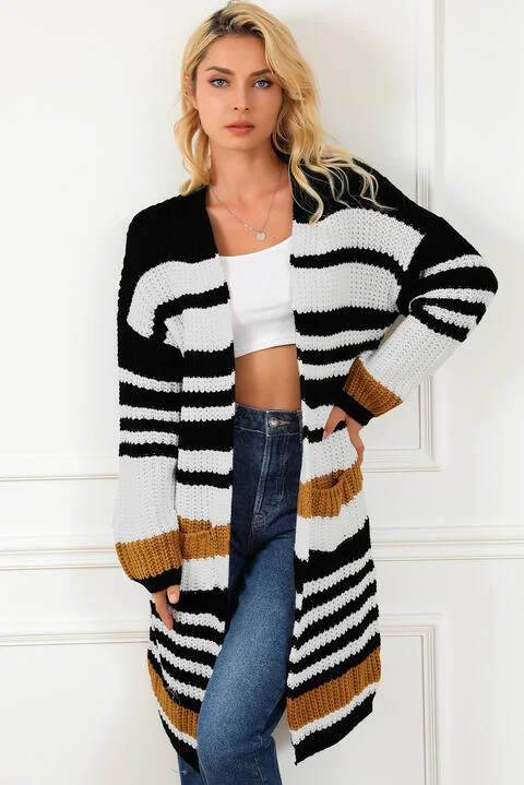 Sleeveless white cardigan -Striped Open Front Cardigan with Pockets