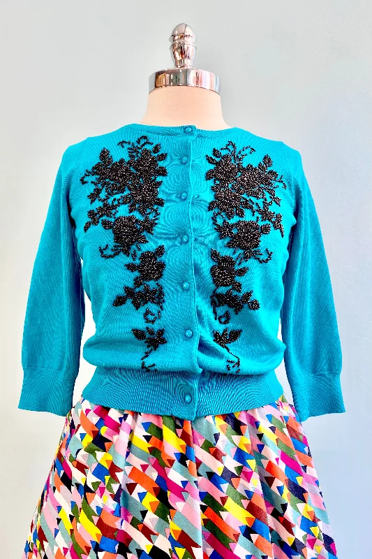 Heavy black cardigan -Teal Beaded Angelina Cardigan by Kissing Charlie