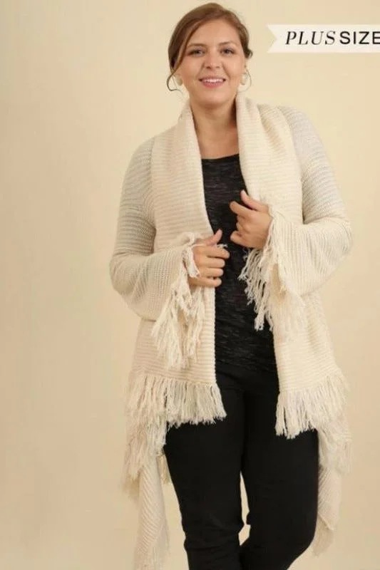 Cozy grey cardigan -Umgee Plus Fringe Cardigan Sweater -  Cream