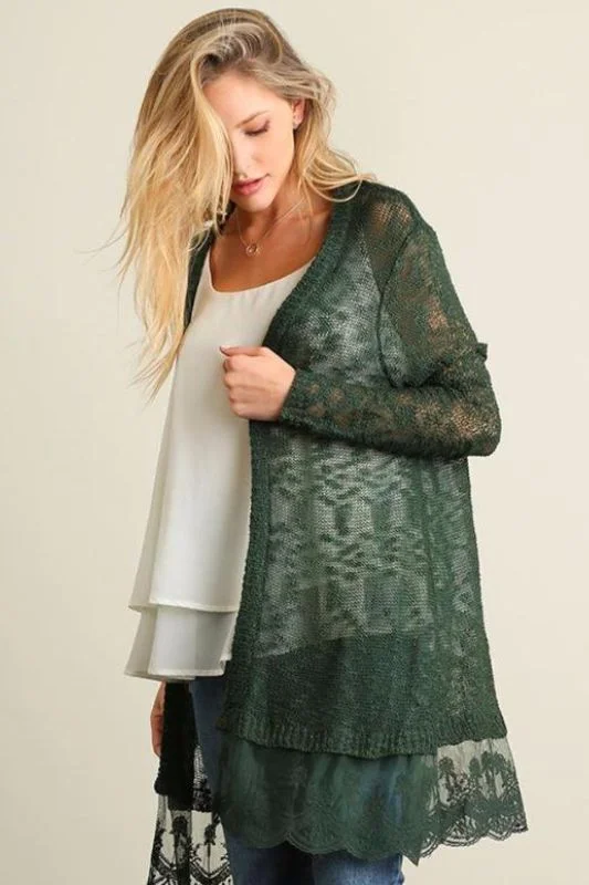 Thin white cardigan -Umgee Cardigan Lace Hem - Forest Green