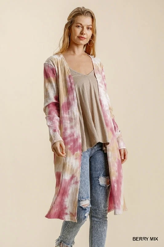 Ribbed grey cardigan -Umgee Casual Tie Dye Duster Cardigan - Berry Mix