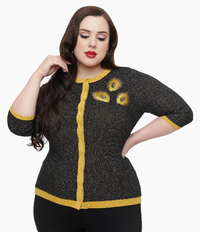 Hooded wool cardigan -Unique Vintage Plus Size 1950s Black & Gold Peacock Feather Embroidered Bookworm Cardigan