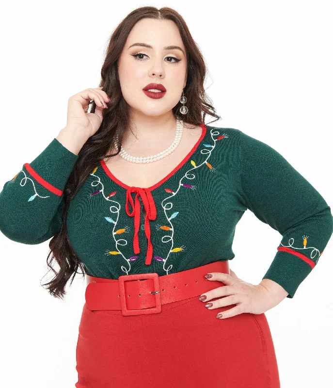 Classic grey cardigan -Unique Vintage Plus Size 1950s Green Holiday Lights Crop Cardigan