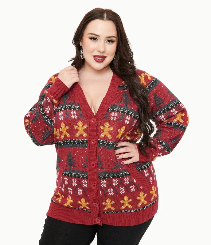 Floral black cardigan -Unique Vintage Plus Size 1960s Burgundy Gingerbread Fair Isle Cardigan