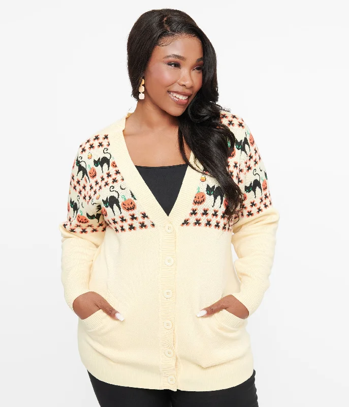 Cozy black cardigan -Unique Vintage Plus Size 1960s Ivory & Orange Halloween Print Cardigan