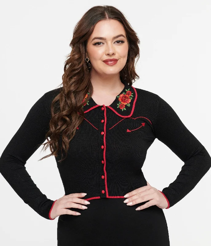 Women’s red cardigan -Voodoo Vixen 1950s Black & Red Western Rose Cardigan