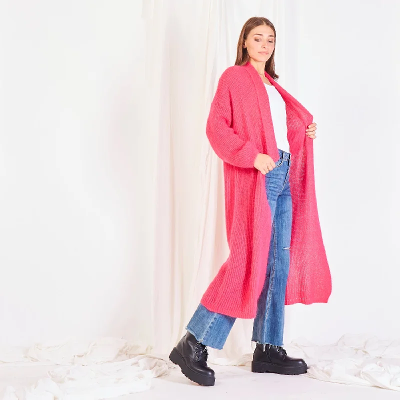 Long red cardigan -Wholesale chunky mohair-knit cardigan