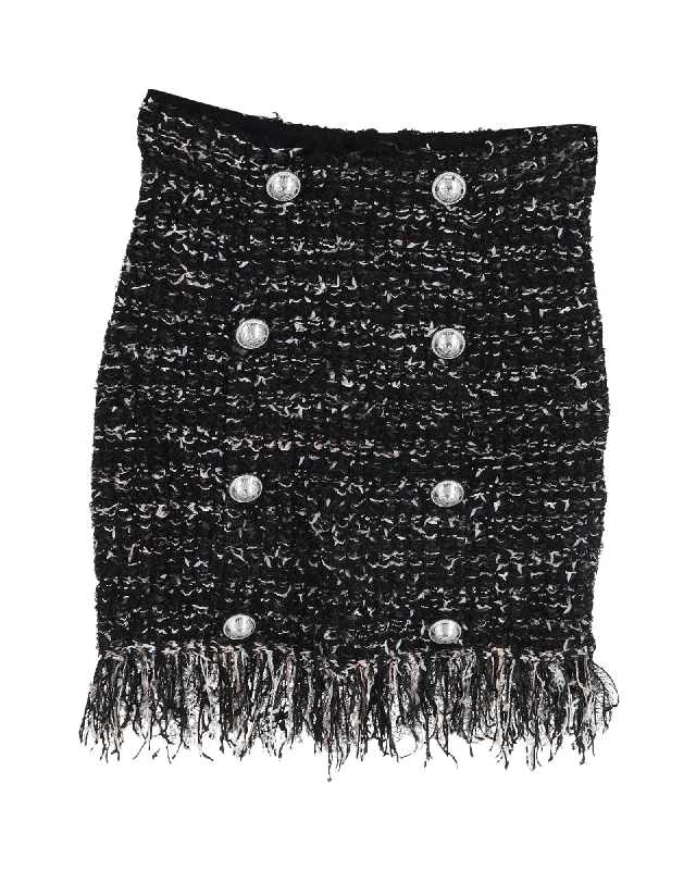 Artist skirts creative -Balmain 8-Button Fringed Tweed Skirt in Black Viscose