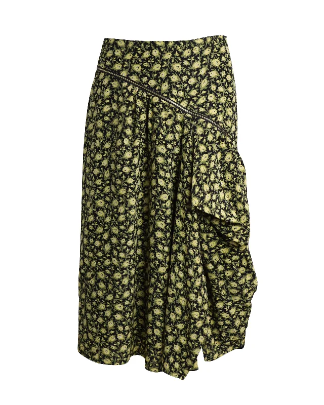 Cartoon skirts fun -Burberry Zip-detailed Draped Floral Midi Skirt in Yellow and Green Silk