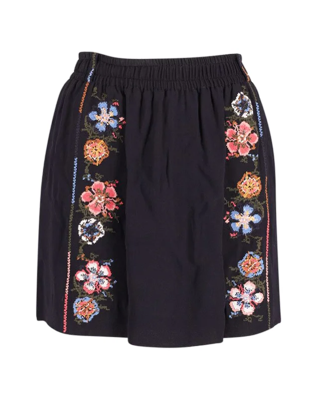 Satin party skirts shine -Chloe Embroidered Mini Skirt in Black Crepe