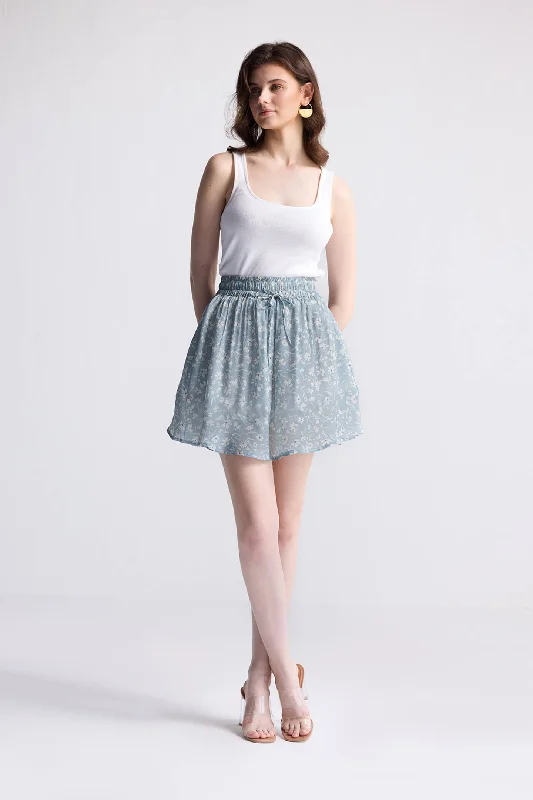 Beach skirts breezy -Drawstring Short Skirt in Light Blue Florals