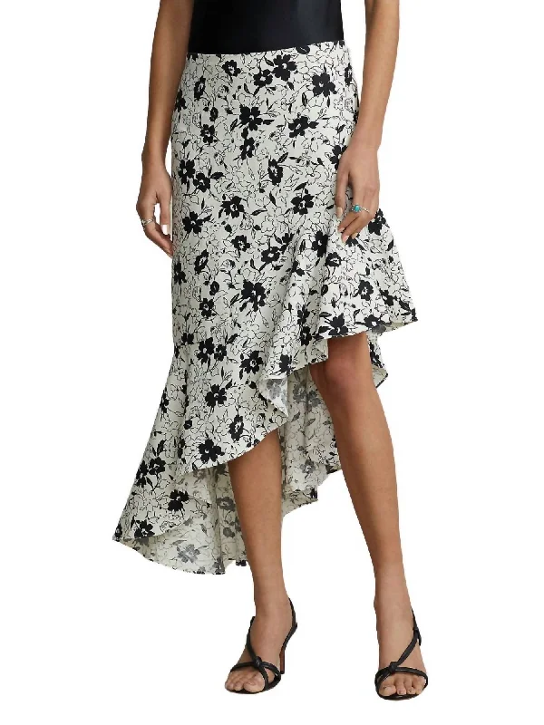 Yellow skater skirts cheer -Floral Ruffed Asymmetrical Linen Skirt In Black/white