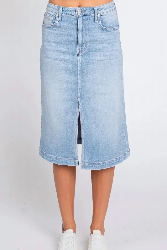 Samurai skirts honor -Front Slit Midi Skirt In Light Denim