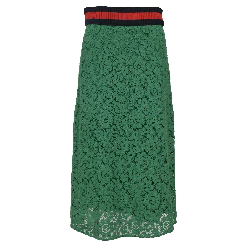 High-waisted plaid skirts smart -Gucci Lace Ribbed Web Stripe Lace in Green Cotton