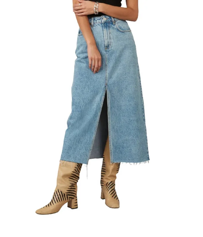 Linen wrap skirts breath -Halston Denim Maxi Skirt With Front Slit In Vintage Ice Blue