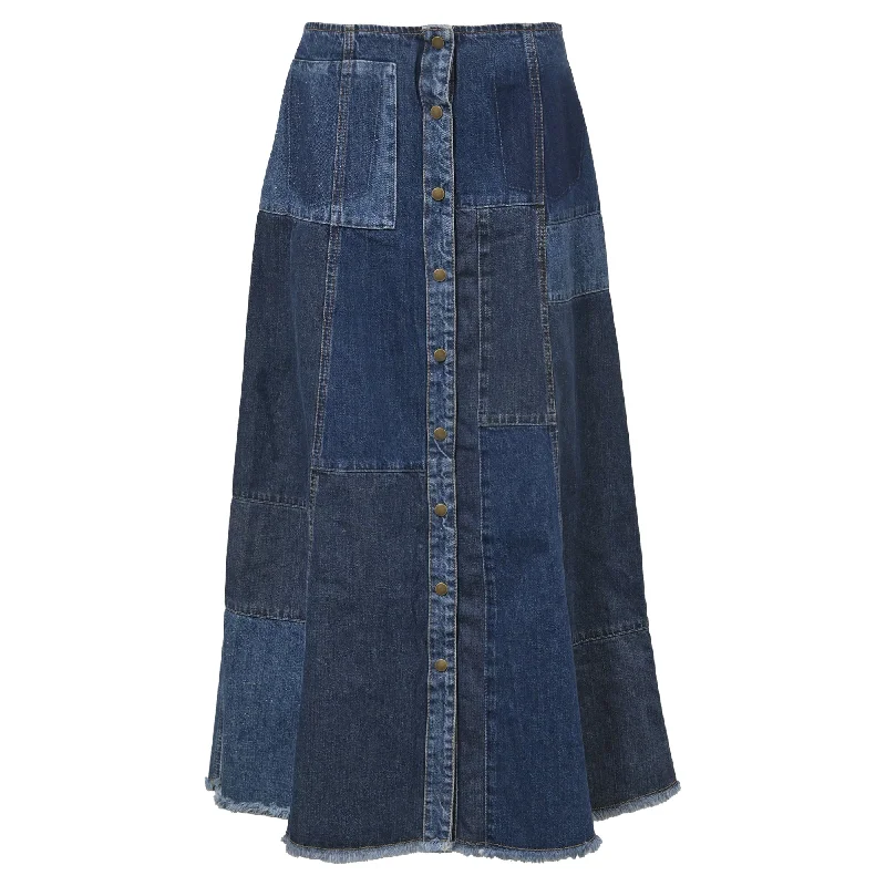 Vintage retro skirts past -McQ By Alexander McQueen Patchwork A-line Midi Skirt in Blue Denimalexande