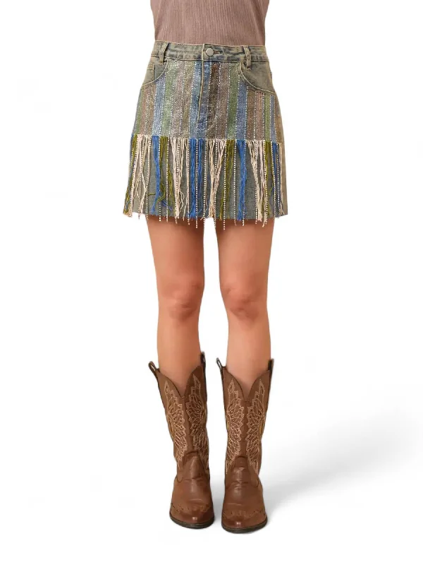 Horse brown skirts gallop -Rhinestone Fringe Front Mini Denim Skirt In Blue