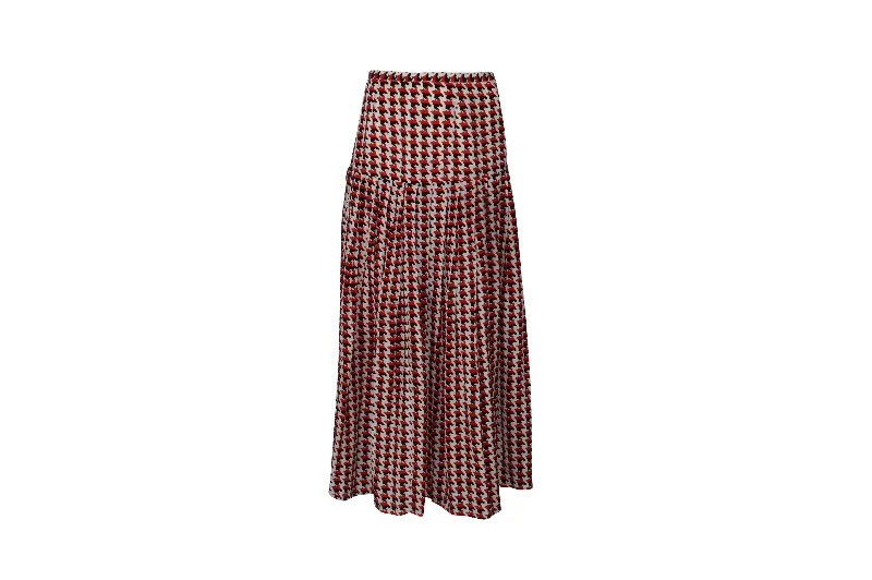 Navy skirts sharp -Rixo Houndstooth Pleated Maxi Skirt in Red Print Silk