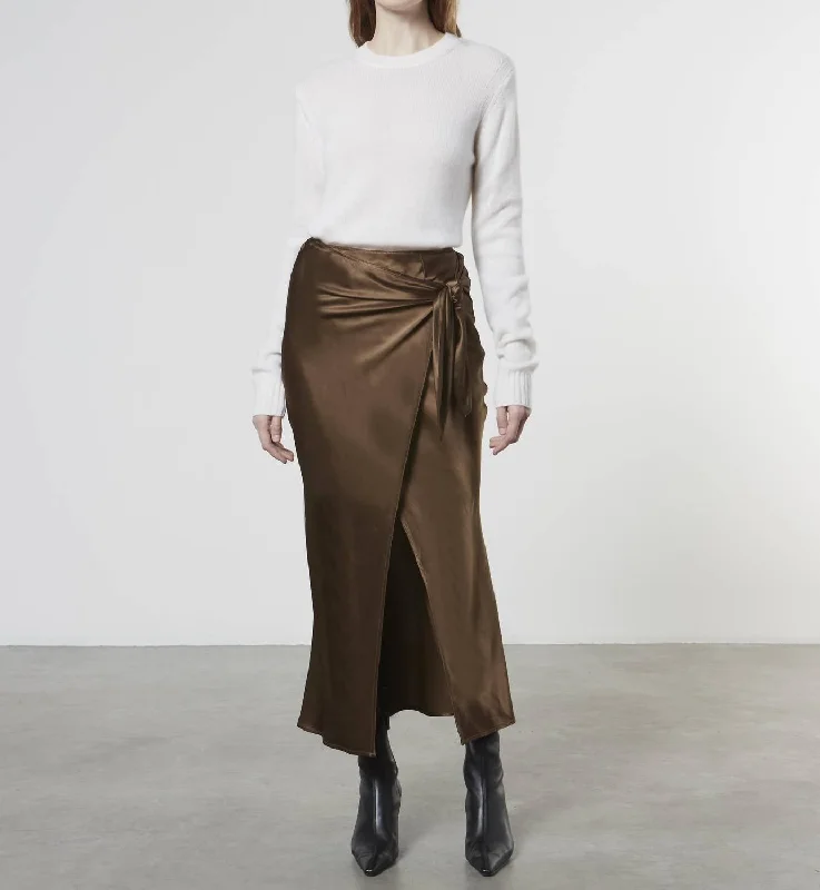 Trendy skirts hot -Satin Wrap Skirt In Saddle Brown