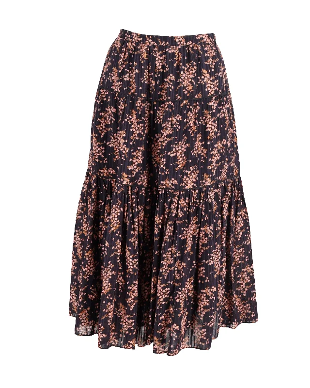 Halloween skirts spooky -Ulla Johnson Auveline Gathered Jacquard Midi Skirt in Floral Print Cotton