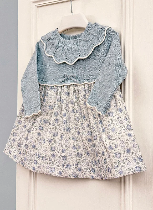 Closed white cardigan -Knitted Blue Flowers Dress