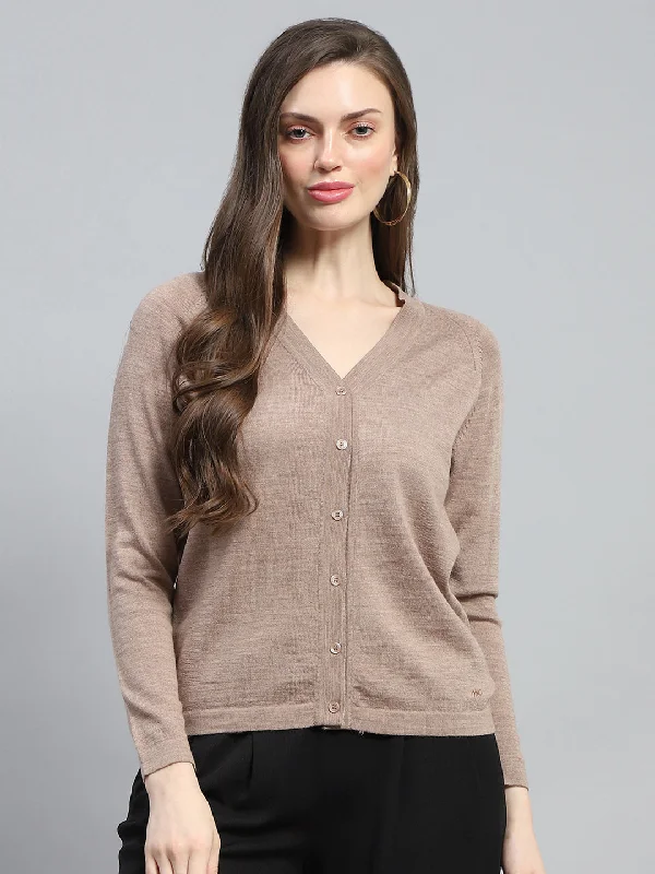 Extra long grey cardigan -Women Beige Solid V Neck Full Sleeve Cardigan