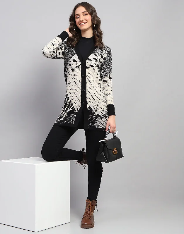 Loose black cardigan -Women Black Self Design V Neck Full Sleeve Cardigan