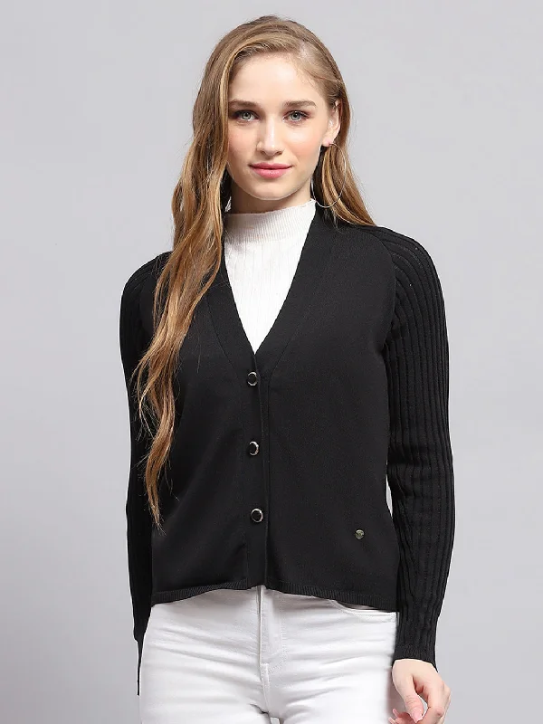 Thick white cardigan -Women Black Solid V Neck Full Sleeve Cardigan