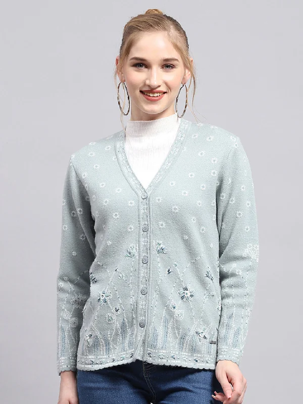 Women Blue Embroidered V Neck Full Sleeve Cardigan