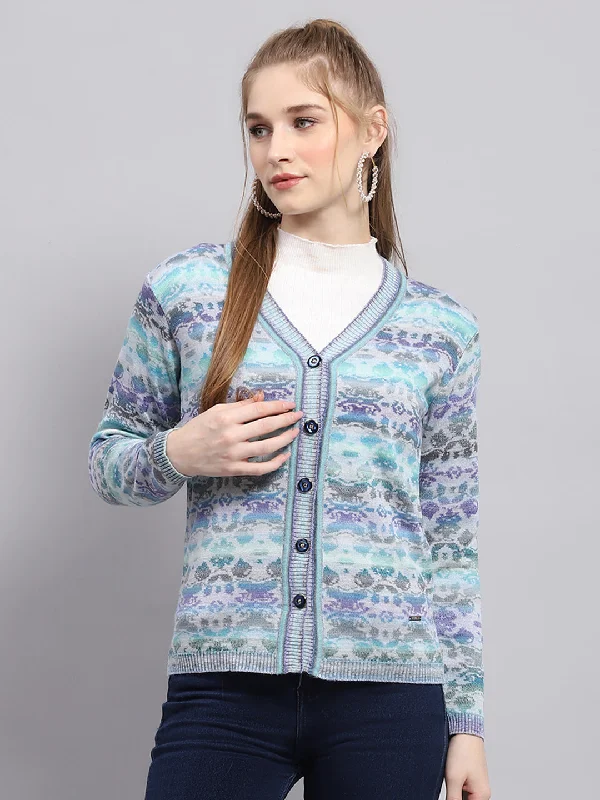 Cropped grey cardigan -Women Blue Self Design V Neck Full Sleeve Cardigan